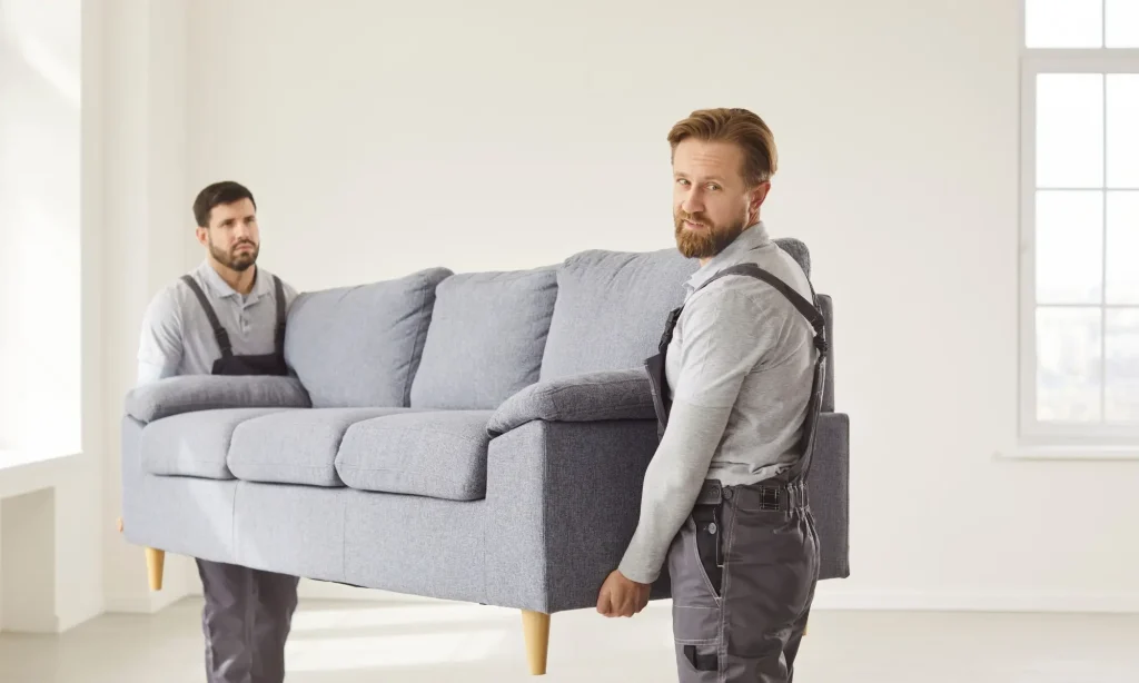 Two professional movers are carefully lifting a gray fabric sofa in a well-lit, empty room with large windows. One mover is positioned in front, looking back at the camera, while the other is supporting the back of the sofa. This image illustrates furniture moving services, emphasizing teamwork and professionalism in handling home furnishings. Ideal for showcasing moving companies or home delivery services.